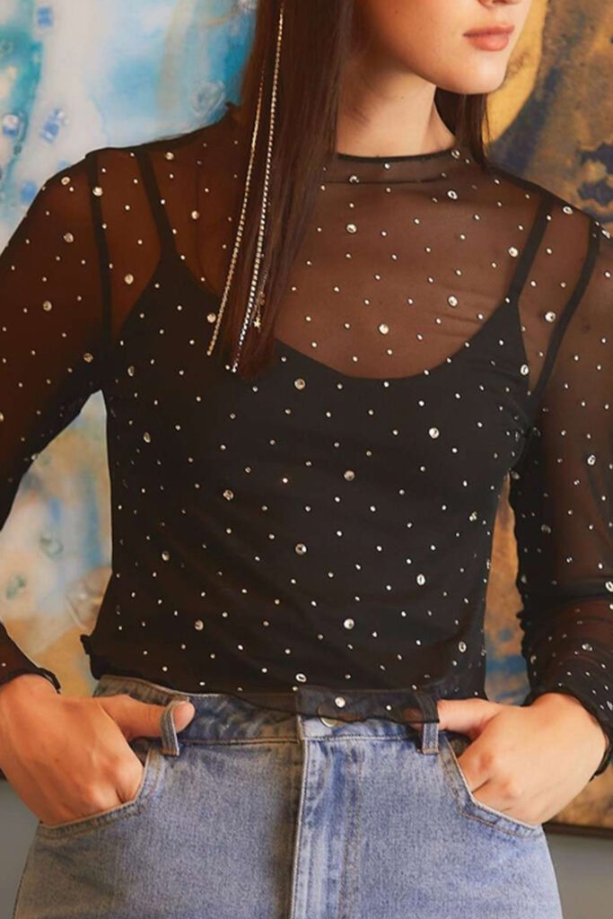 Black Rhinestone Sheer Mesh Slim Fit Long Sleeve Top Black Rhinestone Sheer Mesh Slim Fit Long Sleeve Top