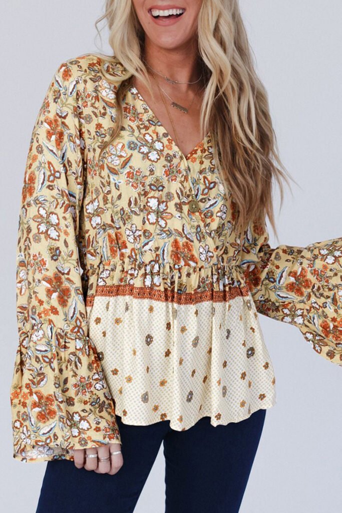 Yellow Printed Floral Bell Sleeve V Neck Wrapped Contrast Peplum Blouse Yellow Printed Floral Bell Sleeve V Neck Wrapped Contrast Peplum Blouse