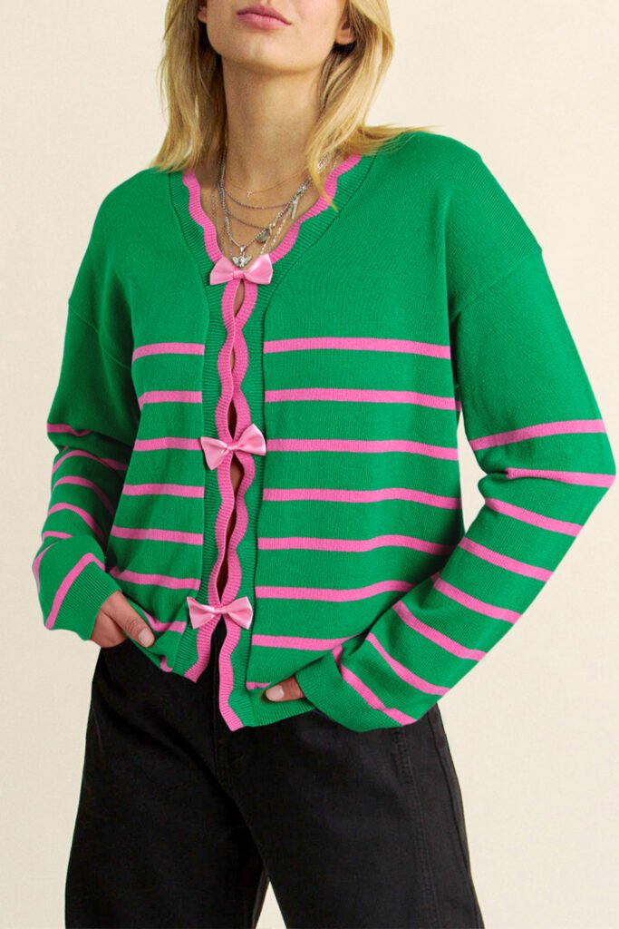 Green Stripe Ribbon Cute Bow Detail Sweater Knit Cardigan Green Stripe Ribbon Cute Bow Detail Sweater Knit Cardigan