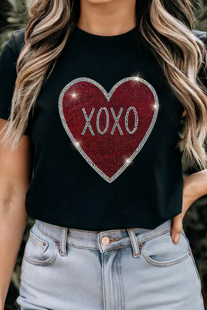 Black Rhinestone XOXO Heart Graphic Crewneck Tee Black Rhinestone XOXO Heart Graphic Crewneck Tee