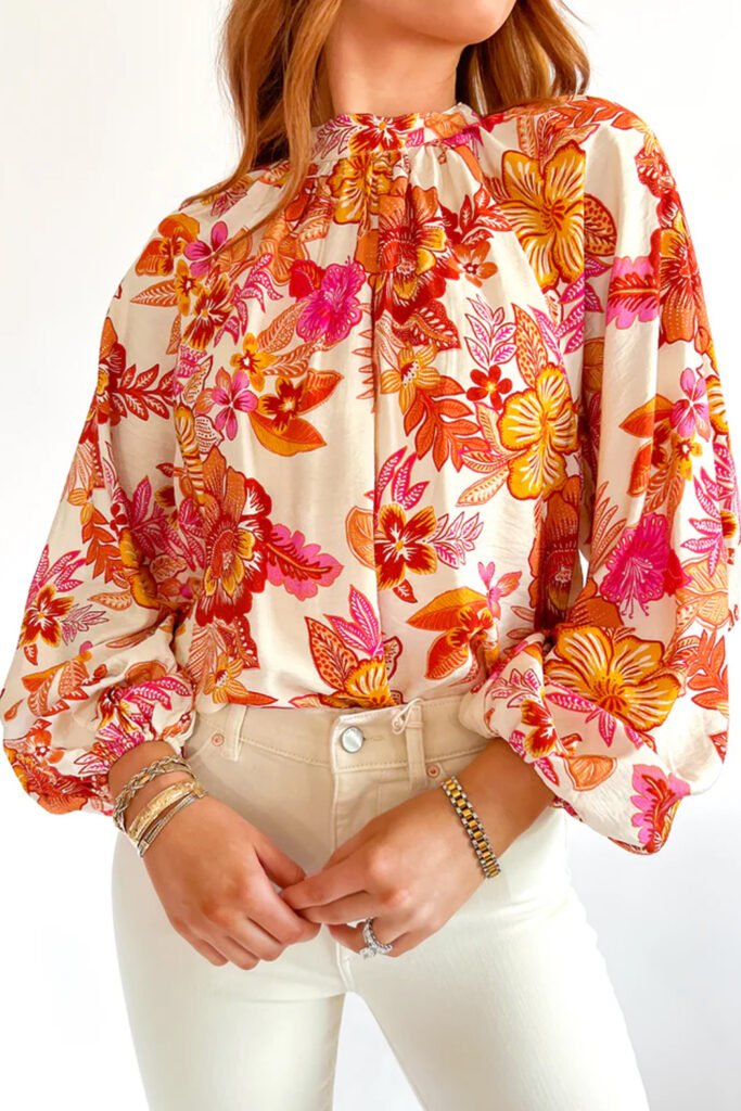 Orange Floral Print Pearl Button Keyhole Long Puff Sleeve Blouse Orange Floral Print Pearl Button Keyhole Long Puff Sleeve Blouse