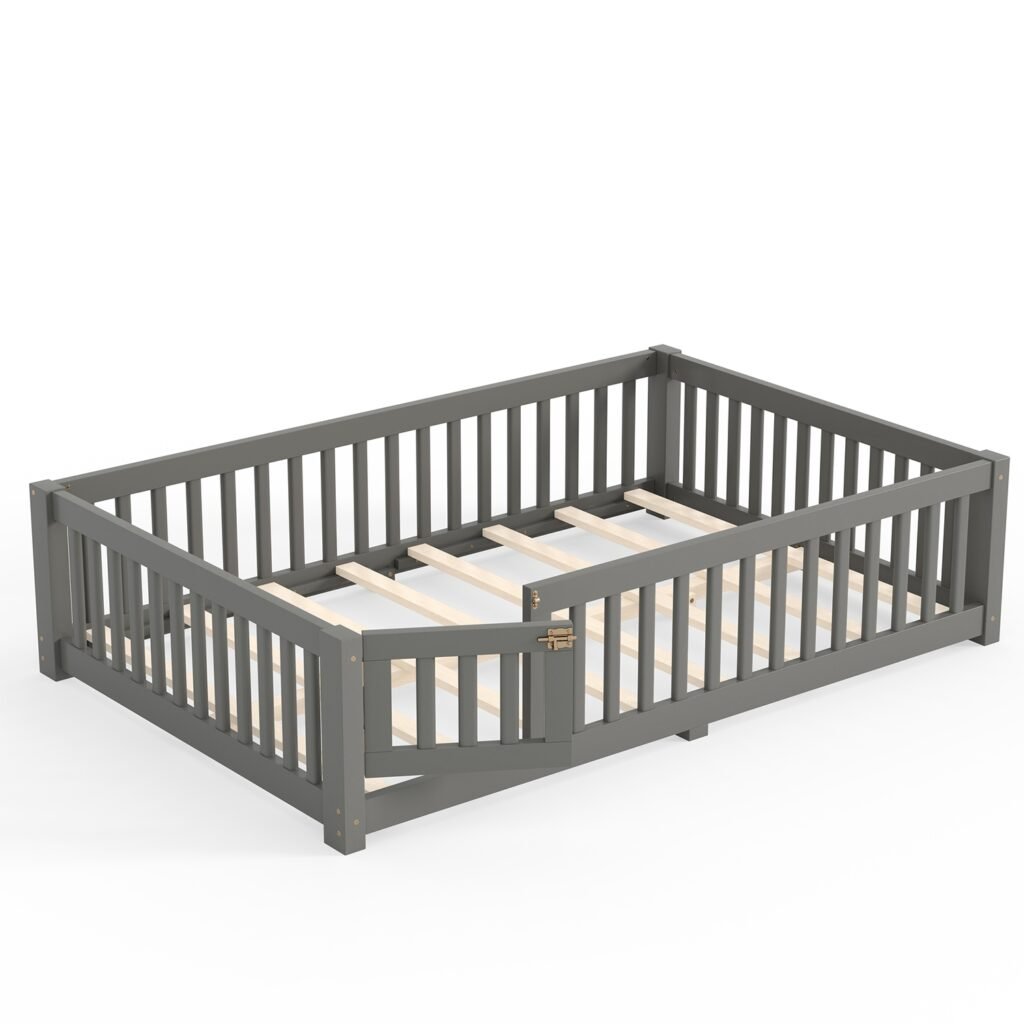 Full Size Montessori Floor Bed with Safety Guardrails and Lockable Door, Low Profile Wooden Floor Bed Frame for Kids Pine Wood Toddler Bed with Remova