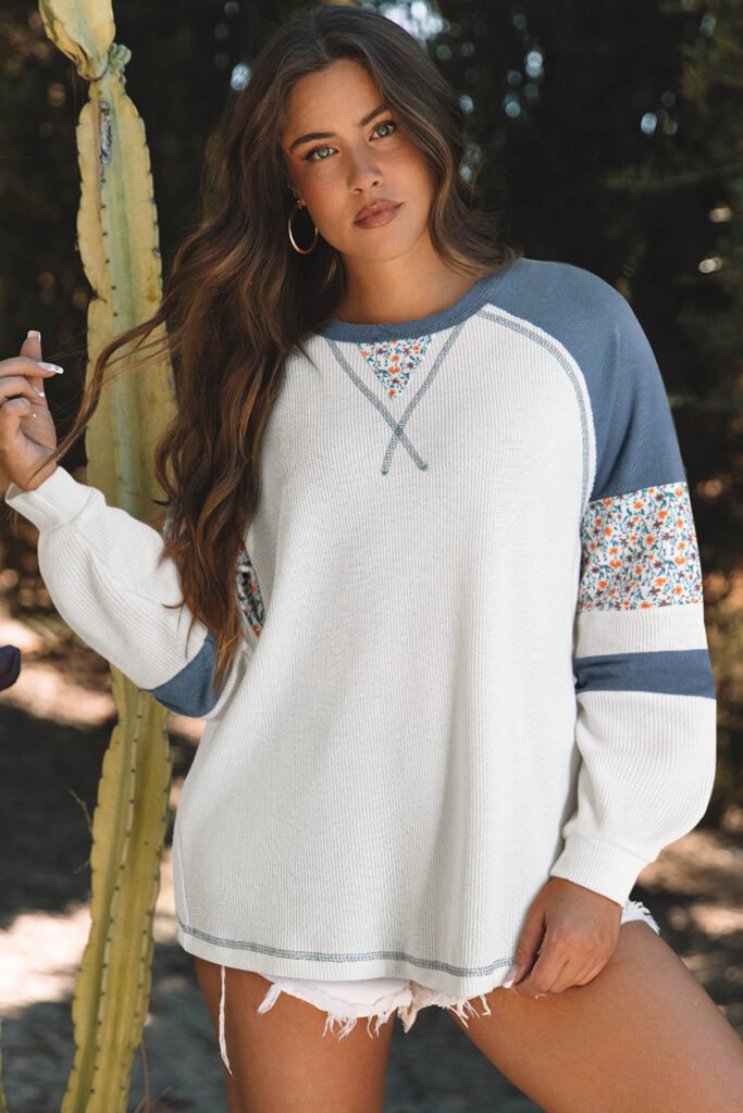 White Floral Patchwork Waffle Knit Raglan Top White Floral Patchwork Waffle Knit Raglan Top