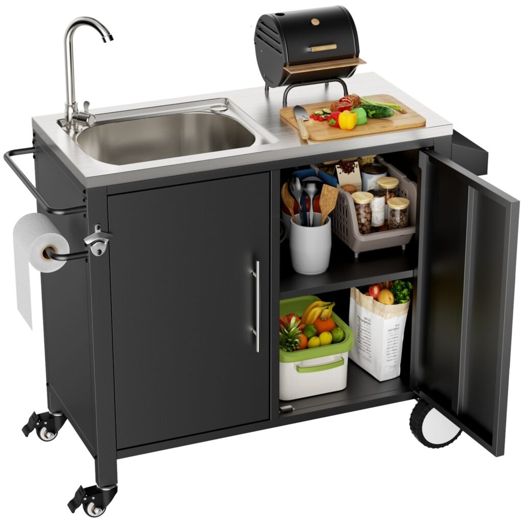 Outdoor Grill Cart with Storage Kitchen Prep Station Cart Outdoor Grill Table with Wheels Sink for Patio Backyard BBQ