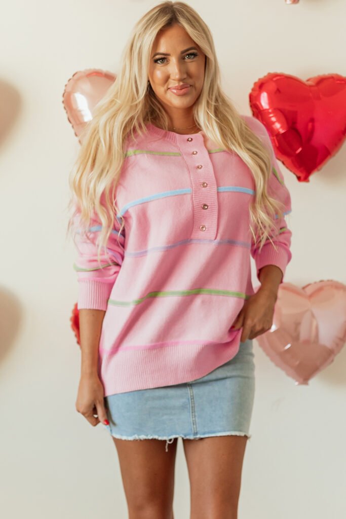 Pink Rainbow Stripes Drop Shoulder Baggy Henley Sweater Pink Rainbow Stripes Drop Shoulder Baggy Henley Sweater