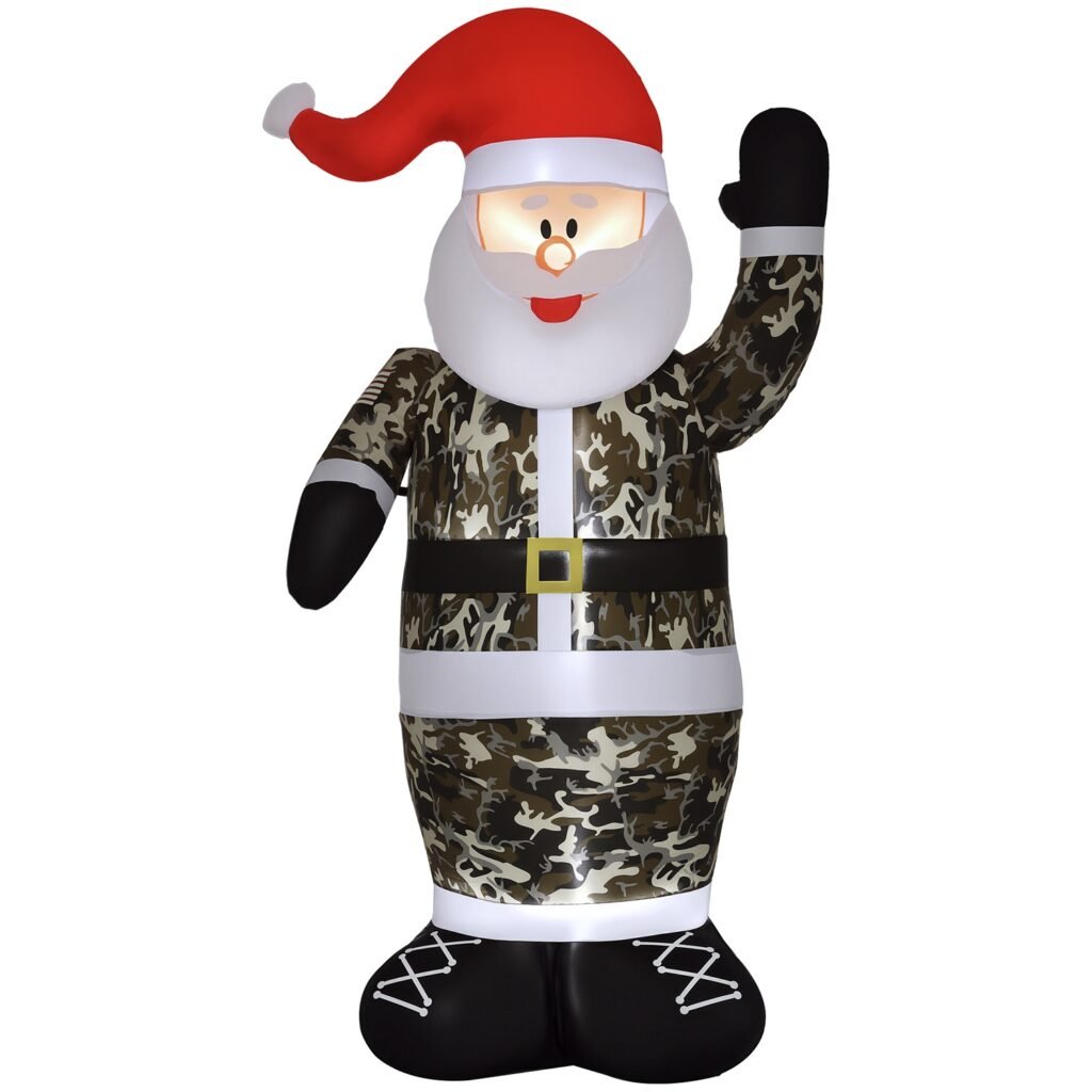 8FT Inflatable Camouflage Santa Christmas Decoration with Warm White LED Lights Built-In Fan 8 Ground Stakes 4 Tether Ropes & 3 Sandbags Outdoor Yard 8FT Inflatable Camouflage Santa Christmas Decoration with Warm White LED Lights Built-In Fan 8 Ground Stakes 4 Tether Ropes & 3 Sandbags Outdoor Yard