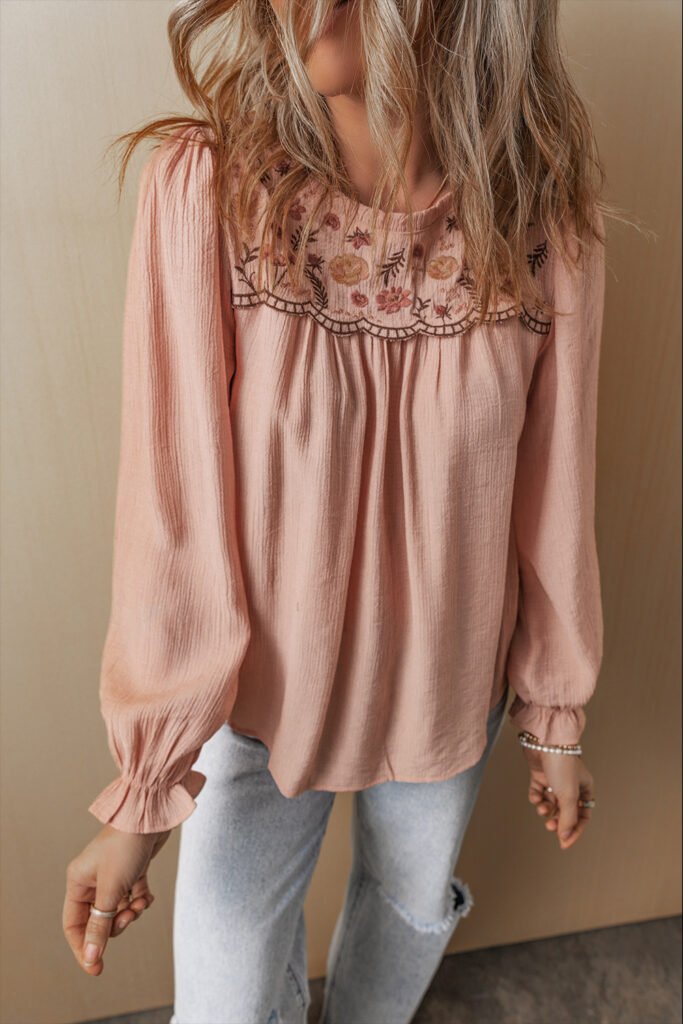 Gossamer Pink Floral Embroidered Textured Flounce Sleeve Elegant Blouse Gossamer Pink Floral Embroidered Textured Flounce Sleeve Elegant Blouse