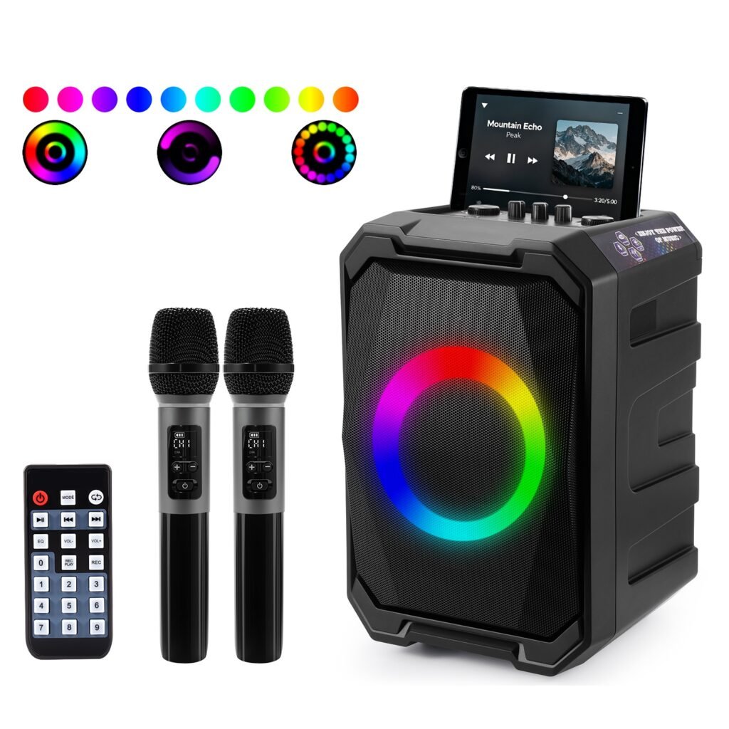 Portable Wireless Party Speaker with LED Light 2 Wireless Mics Remote Control TWS Music Accompany Mic. Priority Bass Echo Mic Treble Guitar In