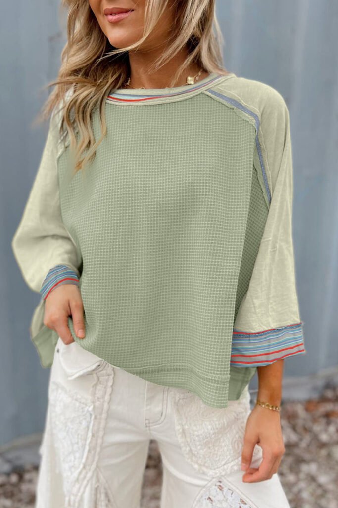 Meadow Mist Green Waffle Knit Wide Bracelet Sleeve Patchwork Raglan Top Meadow Mist Green Waffle Knit Wide Bracelet Sleeve Patchwork Raglan Top