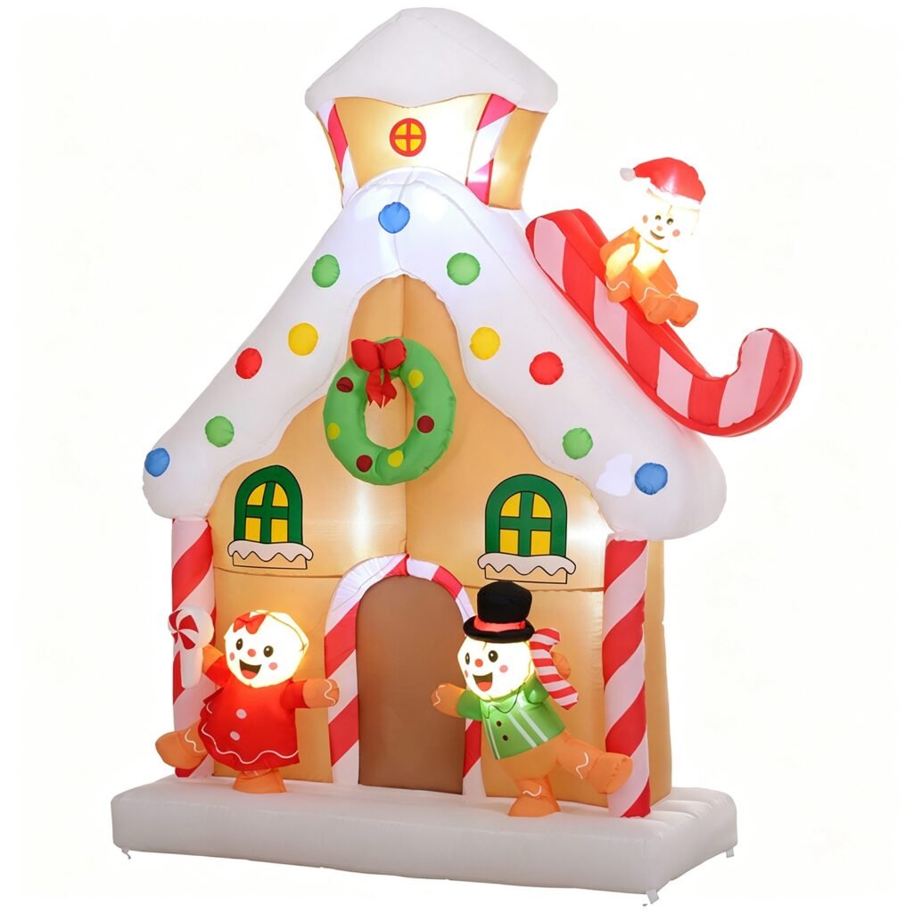 7.2FT Inflatable Gingerbread House Christmas Decoration with Warm White LED Lights Built-In Fan 6 Ground Stakes & 2 Tether Ropes Outdoor Yard Lawn Hol 7.2FT Inflatable Gingerbread House Christmas Decoration with Warm White LED Lights Built-In Fan 6 Ground Stakes & 2 Tether Ropes Outdoor Yard Lawn Hol