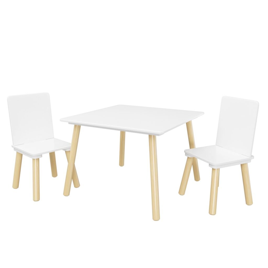3-Piece Kids Wooden Table and Chair Set, Plain White Toddler Activity Play Table with 2 Chairs, Solid Wood & MDF Children Furniture for Playroom, Nurs