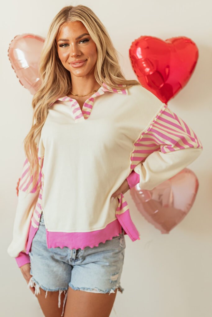 Pink Stripe Colorblock Patchwork Collared French Terry Knit Top Pink Stripe Colorblock Patchwork Collared French Terry Knit Top
