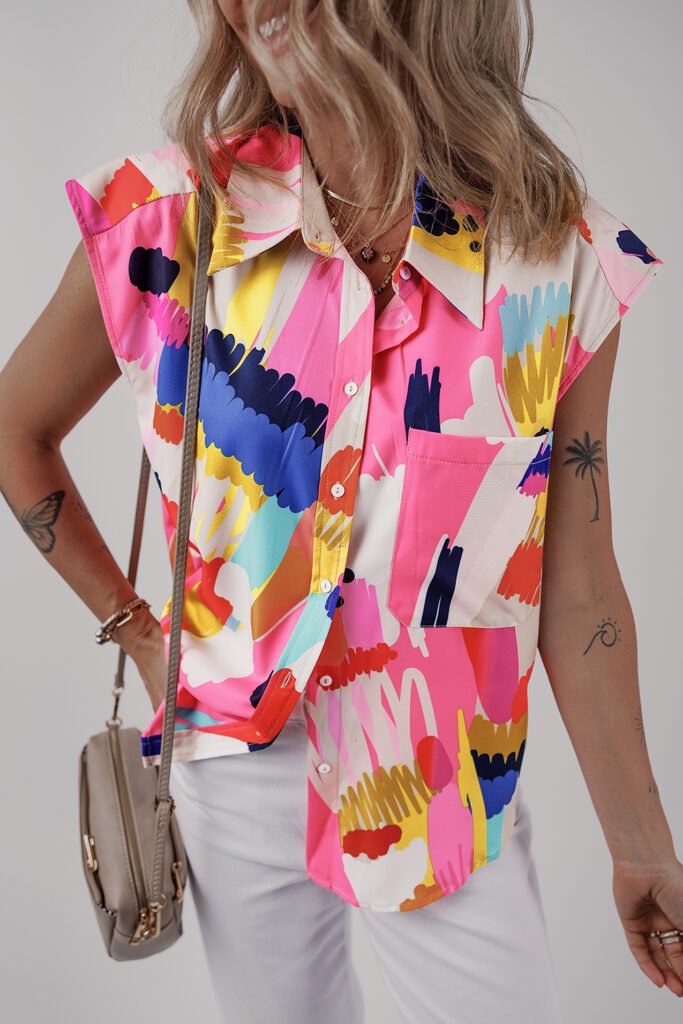 Multicolour Abstract Print Collared Cap Sleeve Casual Shirt Multicolour Abstract Print Collared Cap Sleeve Casual Shirt