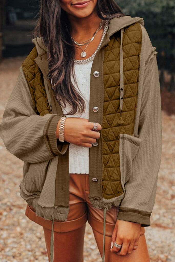 Jungle Green Quilted Textured Patchwork Loose Fit Hooded Jacket Jungle Green Quilted Textured Patchwork Loose Fit Hooded Jacket