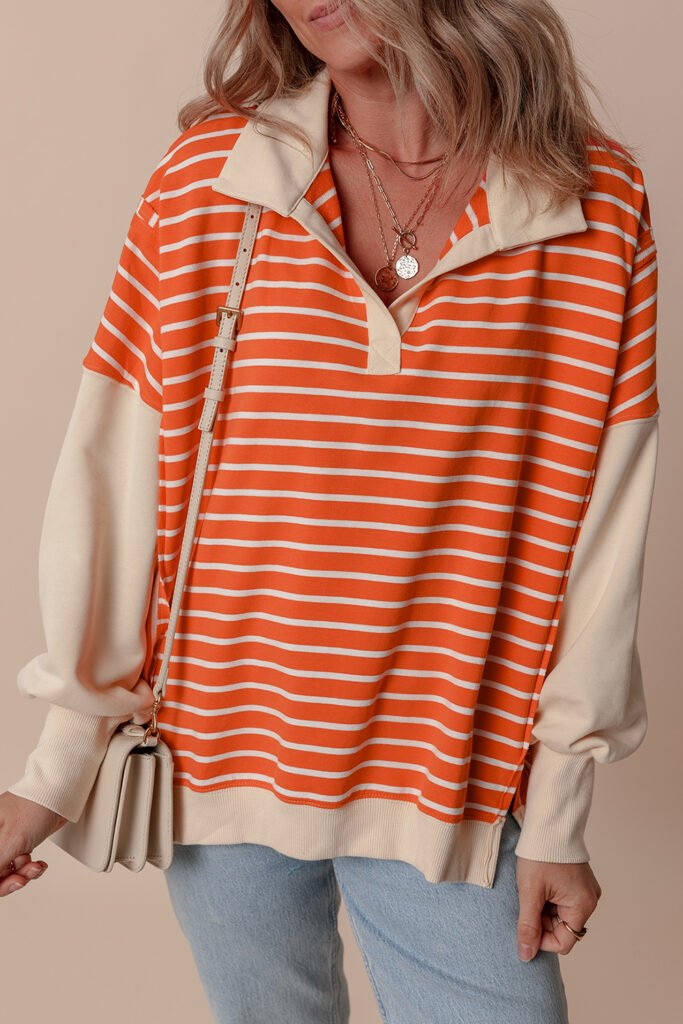 Orange Stripe Color Block Loose Fit Collared Drop Shoulder Sweatshirt Orange Stripe Color Block Loose Fit Collared Drop Shoulder Sweatshirt