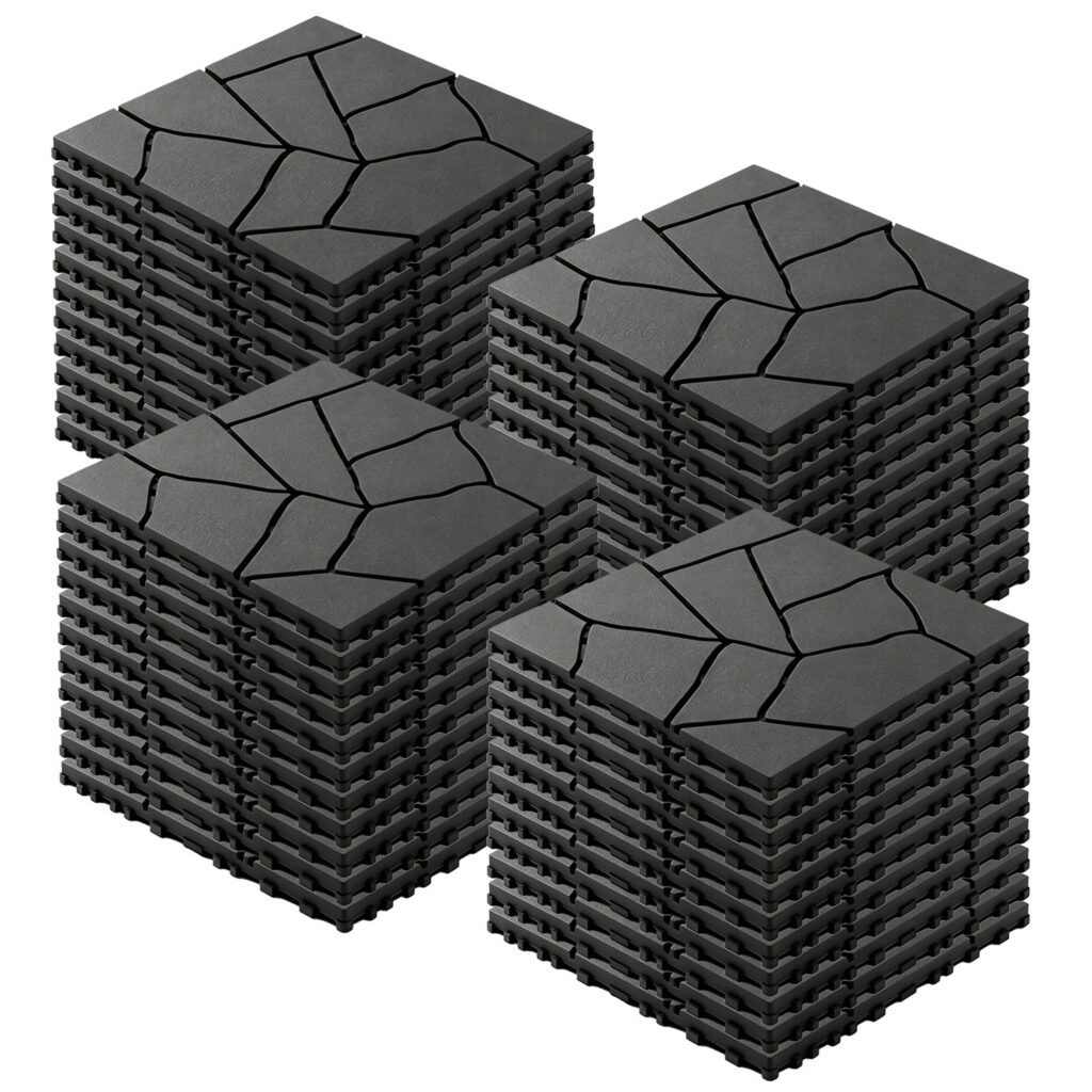 44Pcs Per Set 12 Inch Stone Pattern Interlocking Patio Deck Tiles, DIY Modular Outdoor Indoor Flooring Tiles, Waterproof PP Interlock Floor Tile for B
