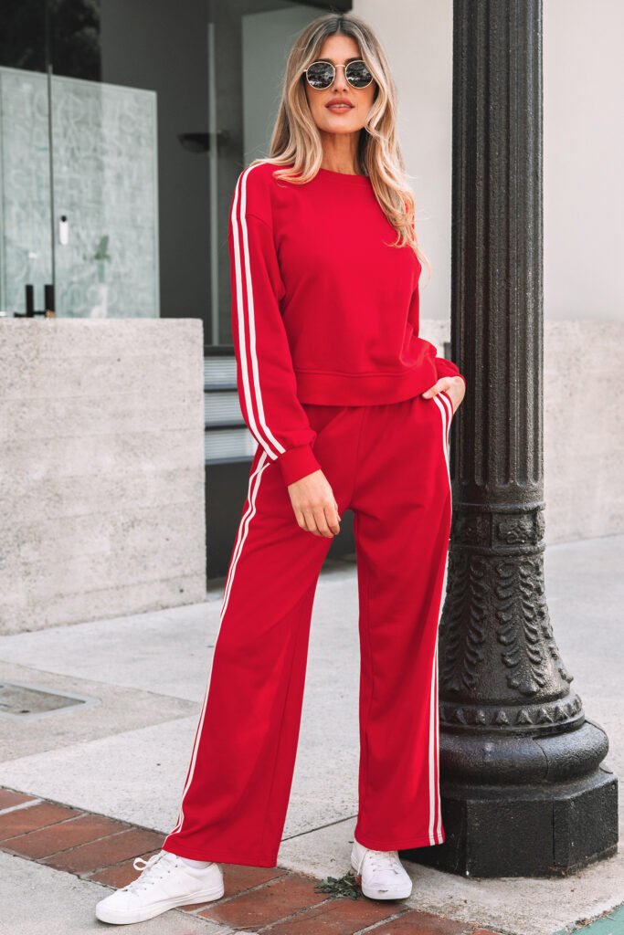 Fiery Red Varsity Striped Detail Crewneck Pullover Elastic Sweatpants 2pcs Outfit Fiery Red Varsity Striped Detail Crewneck Pullover Elastic Sweatpants 2pcs Outfit