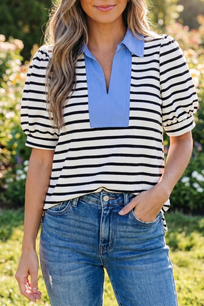 Black Stripe Short Puff Sleeve Color Block Polo Collar Blouse Black Stripe Short Puff Sleeve Color Block Polo Collar Blouse