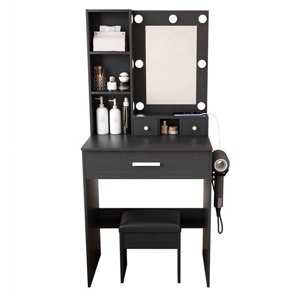 Vanity Desk Set with LED Lighted Mirror, Padded Stool, Power Outlet & Hair Dryer Holder, Compact Makeup Vanity for Small Bedroom Vanity Desk Set with LED Lighted Mirror, Padded Stool, Power Outlet & Hair Dryer Holder, Compact Makeup Vanity for Small Bedroom