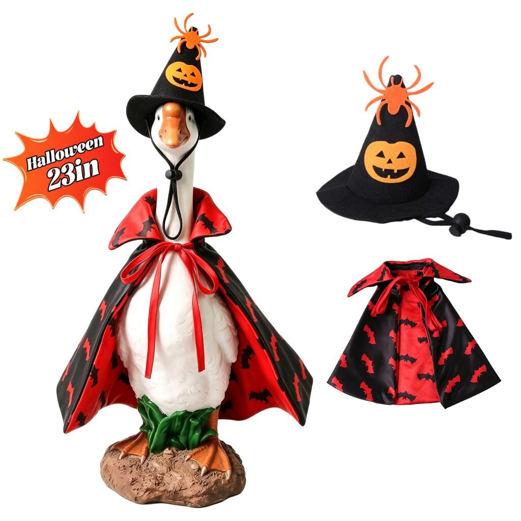 Porch Goose Halloween Costume for 23″ Goose Statue Pumpkin Spider Wizard Hat, Red & Black Cape Outfit Halloween Yard Decor