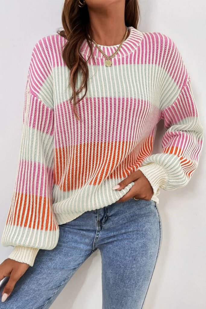 Pink Colorblock Textured Knit Bubble Sleeve Sweater Pink Colorblock Textured Knit Bubble Sleeve Sweater