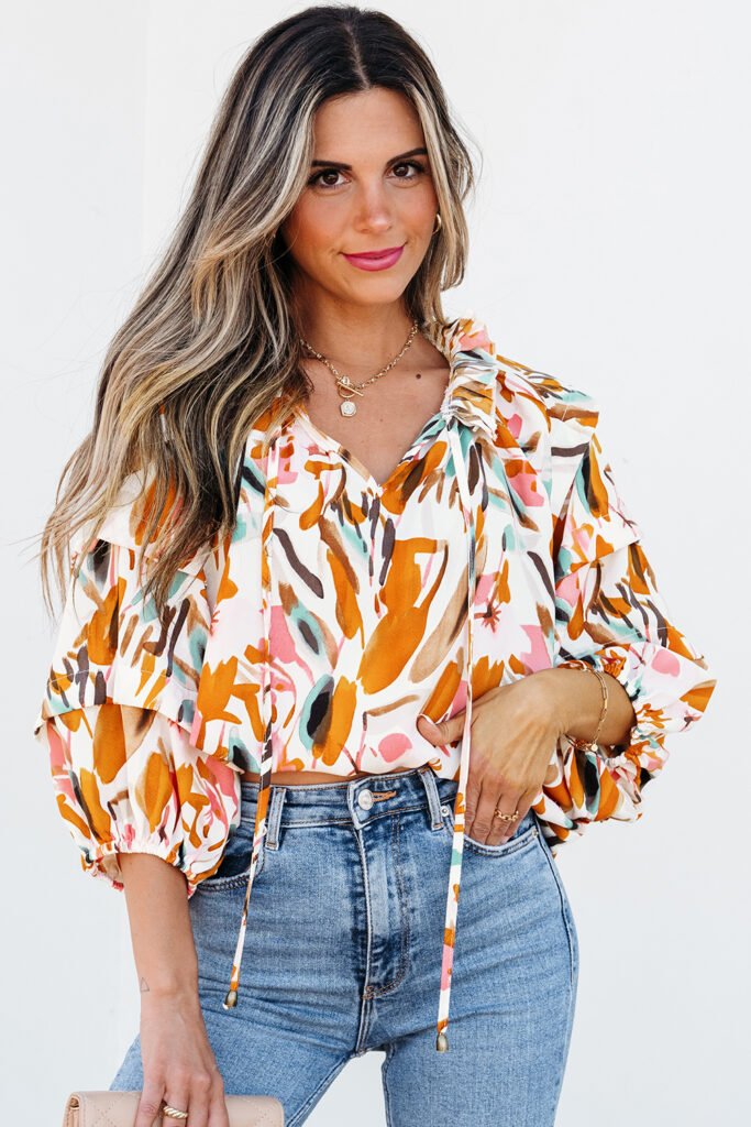 Yellow Abstract Print Drawstring Frilled V Neck 3/4 Sleeve Blouse Yellow Abstract Print Drawstring Frilled V Neck 3/4 Sleeve Blouse