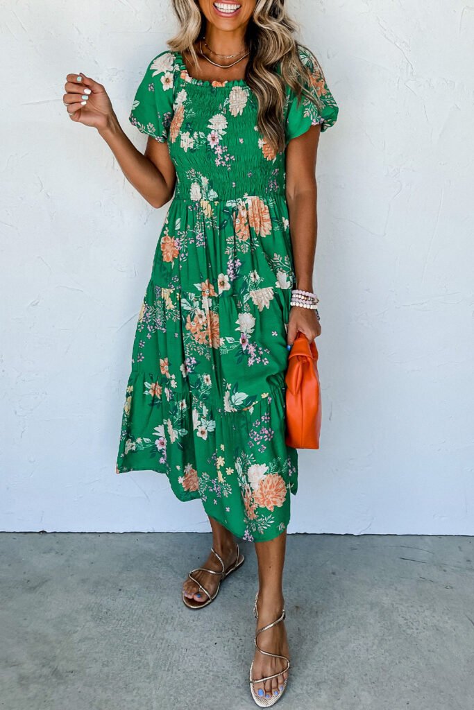 Green Floral Print Bubble Sleeve Smocked Tiered Midi Dress Green Floral Print Bubble Sleeve Smocked Tiered Midi Dress
