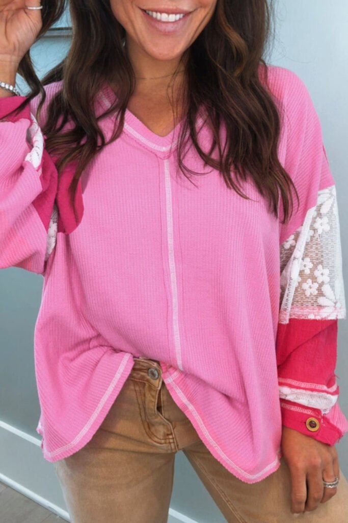 Bonbon Lace Floral Patchwork Sleeve Stitching V Neck Rib Knit Blouse Bonbon Lace Floral Patchwork Sleeve Stitching V Neck Rib Knit Blouse