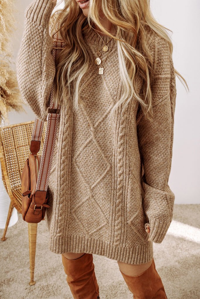 Parchment Cable Knit Drop Shoulder Loose Fit Sweater Dress Parchment Cable Knit Drop Shoulder Loose Fit Sweater Dress