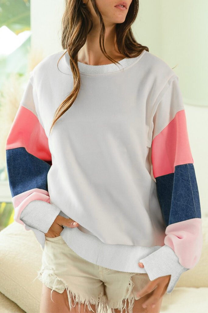 White French Terry Color Block Long Sleeve Top White French Terry Color Block Long Sleeve Top