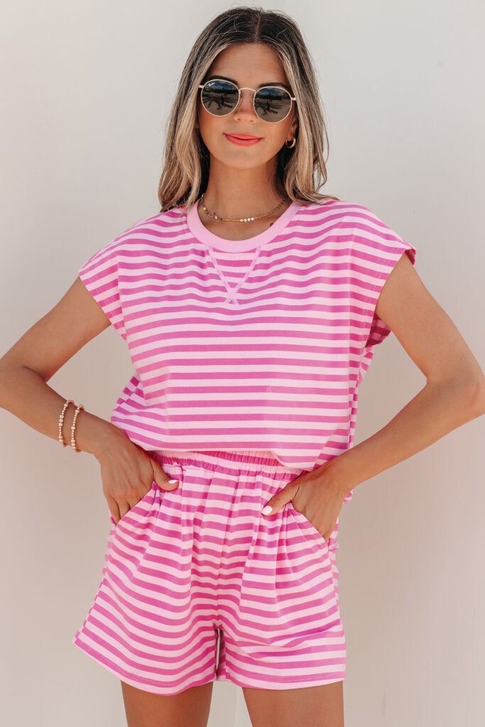 Pink Stripe Cap Sleeve Tee Elastic Waist Shorts 2pcs Outfit Pink Stripe Cap Sleeve Tee Elastic Waist Shorts 2pcs Outfit