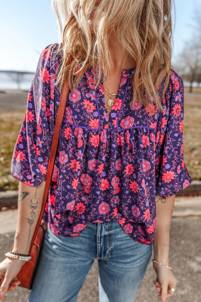 Purple Floral Half Sleeve Split Neck Blouse Top Purple Floral Half Sleeve Split Neck Blouse Top