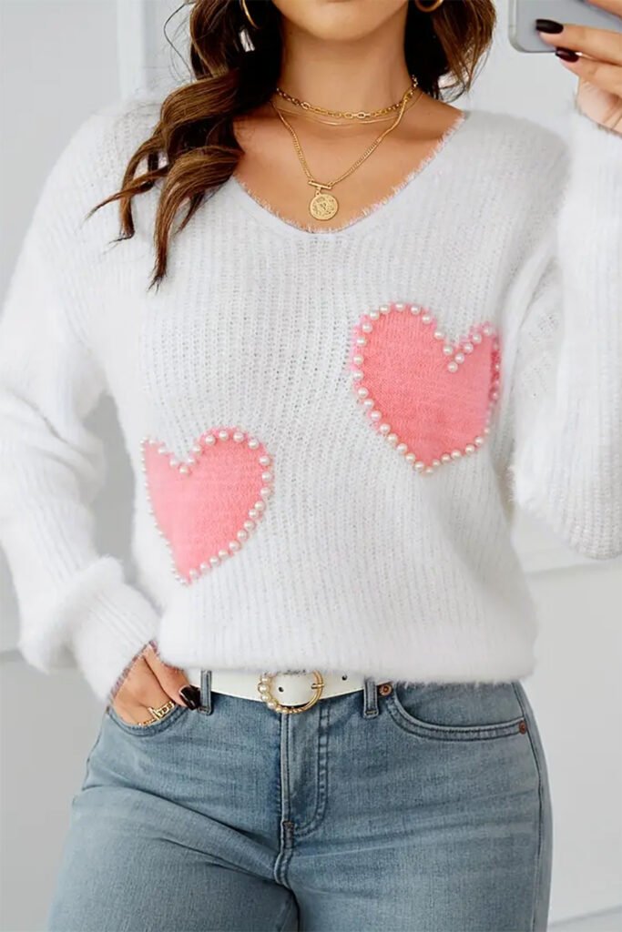 White Pearl Beaded Heart Pattern Fuzzy V Neck Sweater White Pearl Beaded Heart Pattern Fuzzy V Neck Sweater