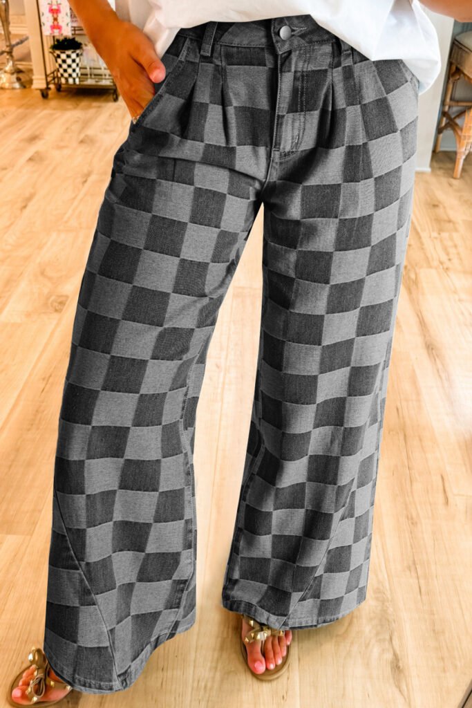 Dark Grey Checkered Denim Wide Leg Jeans Dark Grey Checkered Denim Wide Leg Jeans