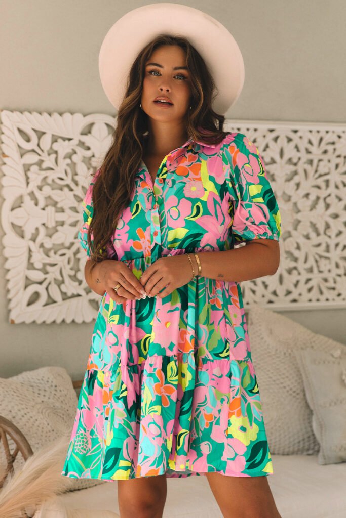 Green Floral Puff Sleeve Collar Buttoned Babydoll Dress Green Floral Puff Sleeve Collar Buttoned Babydoll Dress