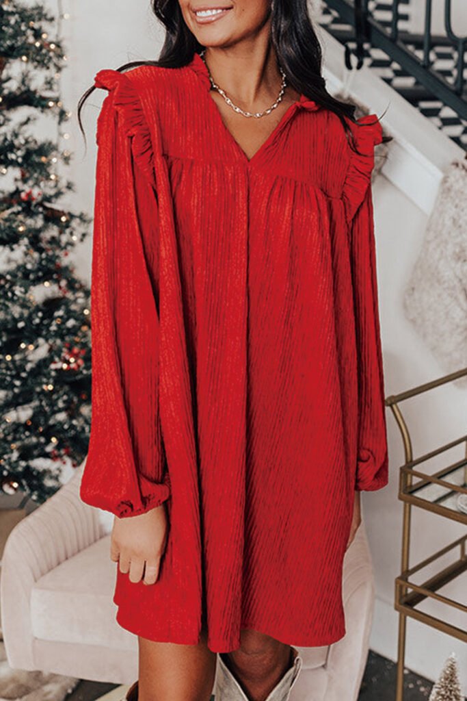 Fiery Red Textured Ruffled Trim V Neck Loose Fit Mini Dress Fiery Red Textured Ruffled Trim V Neck Loose Fit Mini Dress