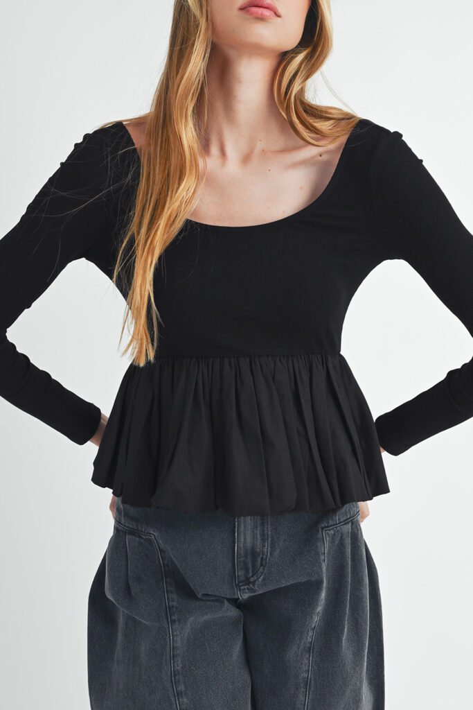 Black Ribbed Knit Long Sleeve Scoop Neck Peplum Patchwork Top Black Ribbed Knit Long Sleeve Scoop Neck Peplum Patchwork Top