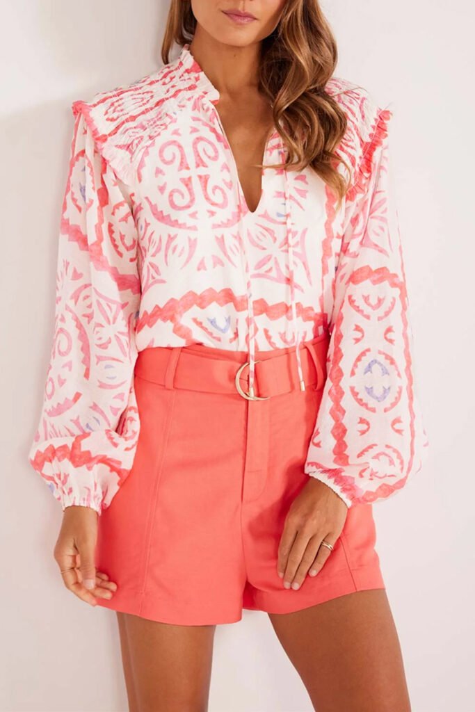 Desert Flower Vintage Print Smocked Poet Collar Billowy Blouson Sleeves Blouse Desert Flower Vintage Print Smocked Poet Collar Billowy Blouson Sleeves Blouse
