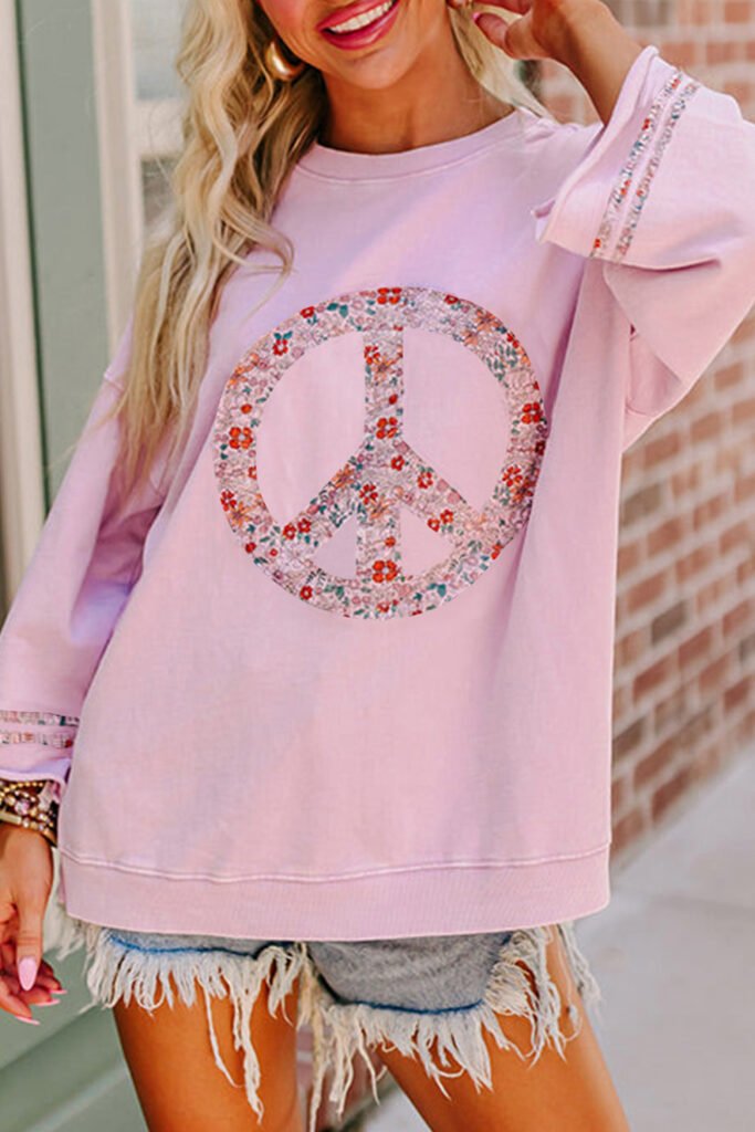 Light Pink Floral Peace Sign Graphic Drop Shoulder Wide Sleeve Casual Top Light Pink Floral Peace Sign Graphic Drop Shoulder Wide Sleeve Casual Top