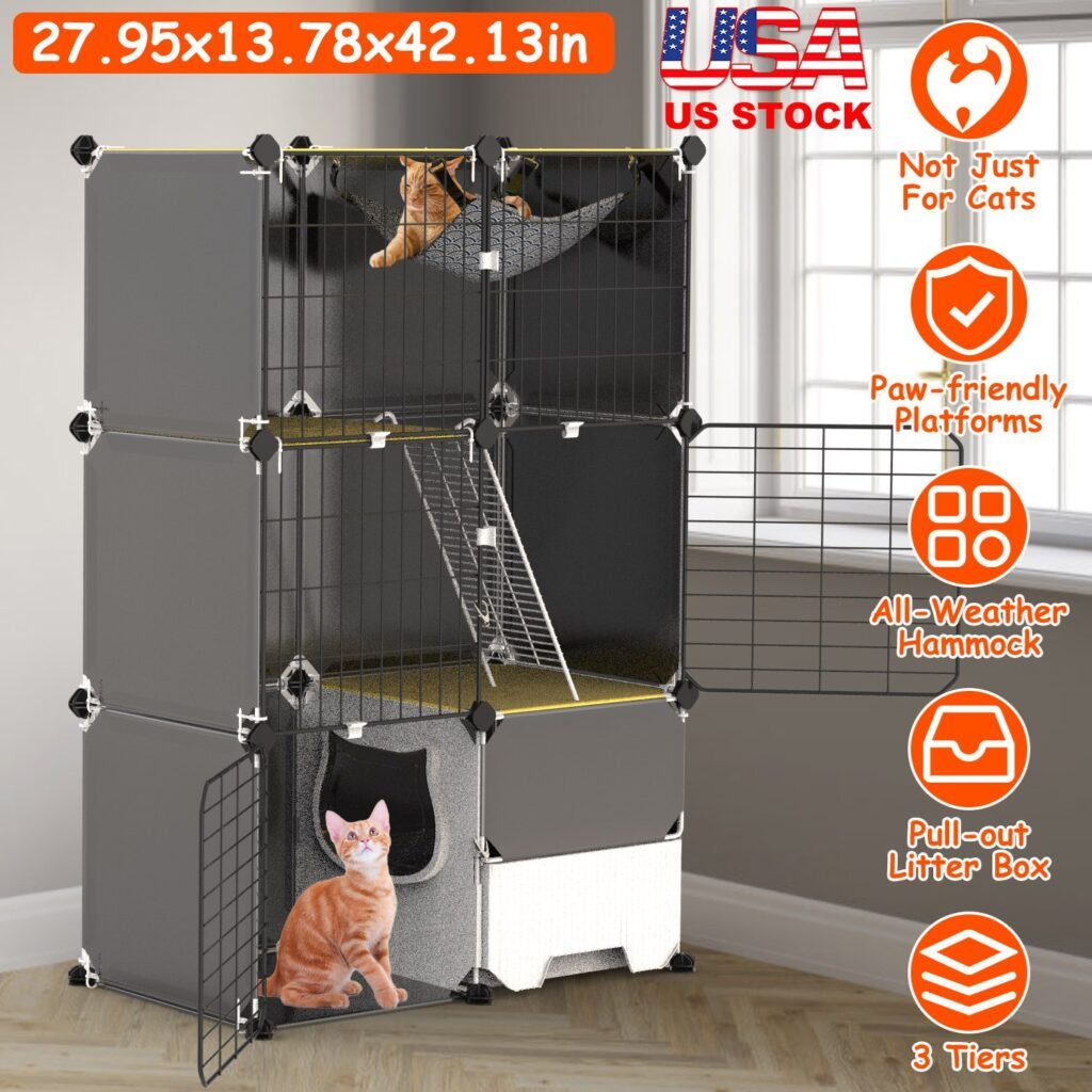 3 Tier Cat Cage Indoor with Litter Box Hammock Detachable Metal Wire Cat Kennel Cat House Cat Enclosure with Ladder for 1-2 Kittens