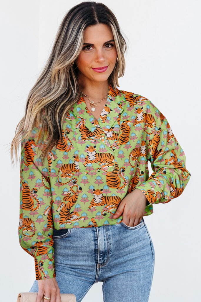 Green Tiger Floral Printed Collared V Neck Casual Shirt Green Tiger Floral Printed Collared V Neck Casual Shirt