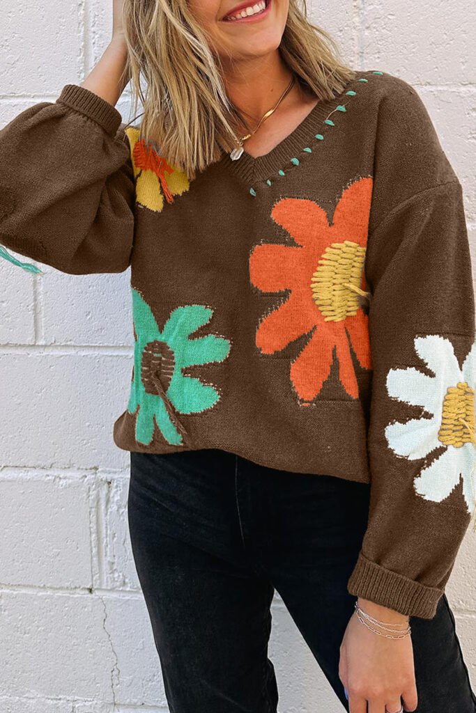 Coffee Big Flower Pattern V Neck Drop Shoulder Sweater Coffee Big Flower Pattern V Neck Drop Shoulder Sweater