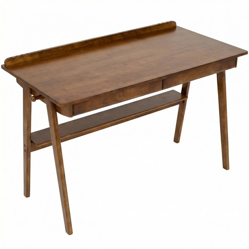 Solid Wood Writing Desk, Home Office Desk with 2 Drawers & Storage Shelf, 47.24-Inch Mid Century Modern Computer Desk with Side Hooks for Study, Bedro Solid Wood Writing Desk, Home Office Desk with 2 Drawers & Storage Shelf, 47.24-Inch Mid Century Modern Computer Desk with Side Hooks for Study, Bedro