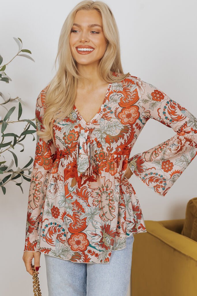 Orange Floral Print Deep V Neck Knot Bell Sleeve Blouse Orange Floral Print Deep V Neck Knot Bell Sleeve Blouse