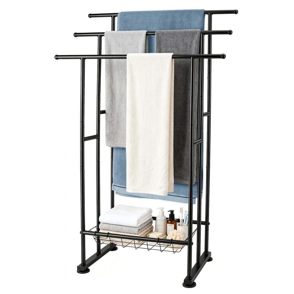 3-Tier Freestanding Towel Rack with Storage Basket Bathroom Towel Stand with Adjustable Leveling Feet Metal Towel Holder for Bathroom Bedroom Laundry