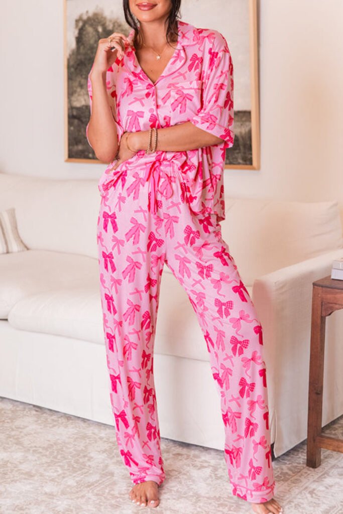 Pink Bow Knot Print Lapel Collar Short Sleeve and Pants Pajamas Set Pink Bow Knot Print Lapel Collar Short Sleeve and Pants Pajamas Set