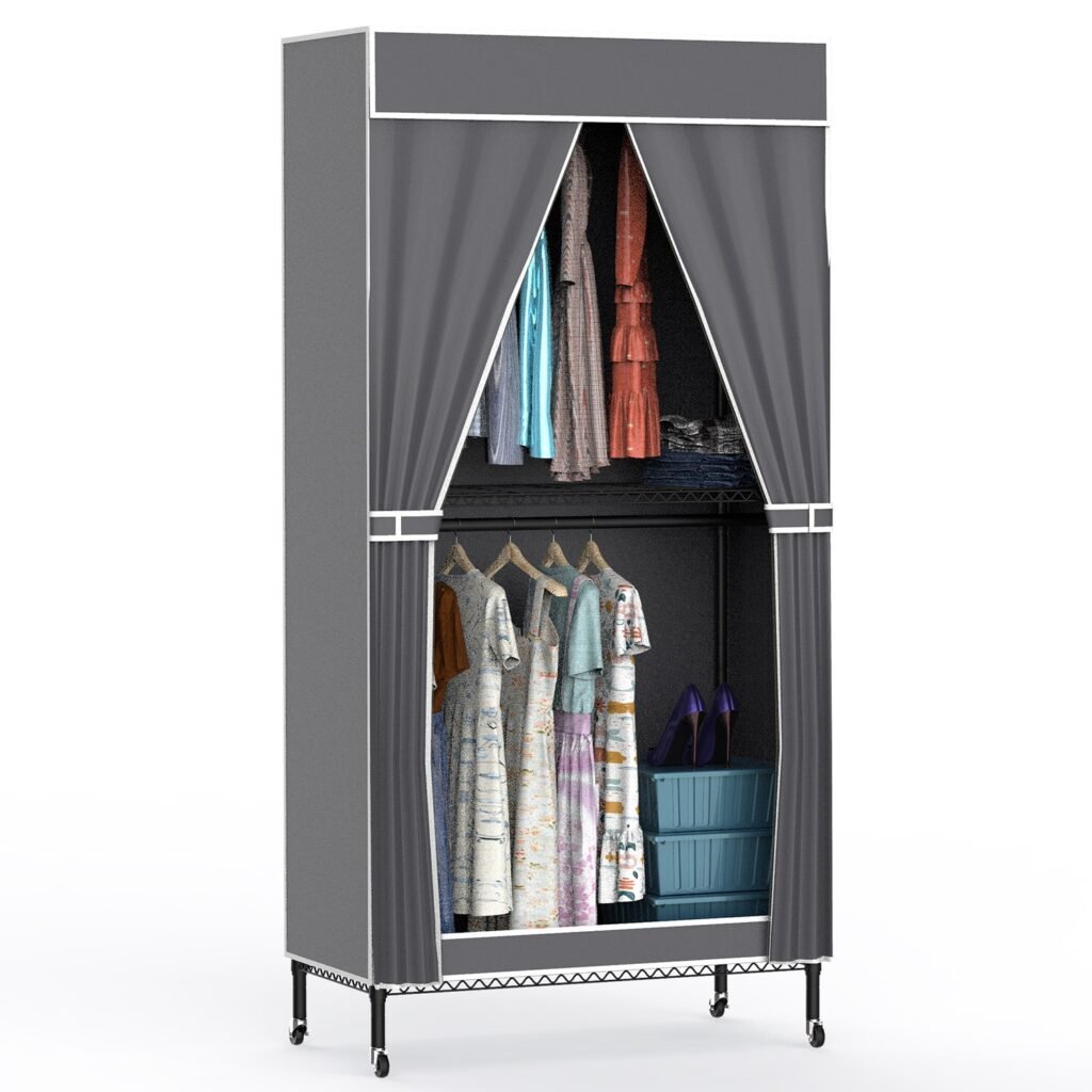 2 Tier Clothing Rack With Cover Portable Wardrobe Closet Covered Garment Rack with 4 Wheels 2 Hanging Rods 2 Hook Racks 35.43×17.13×72.44in