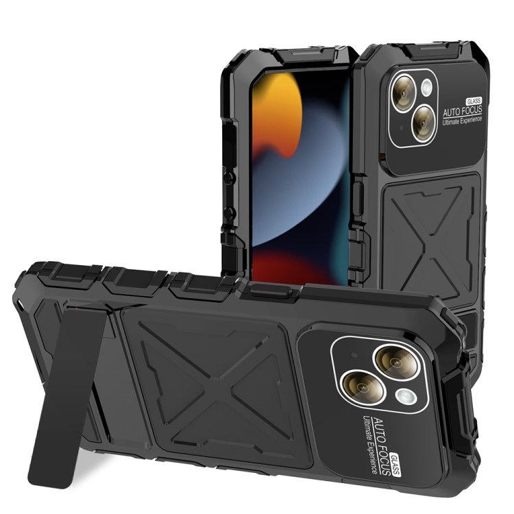 R-JUST Metal + Silicone + Tempered Glass Life Waterproof Phone Case with Holder, For iPhone 15