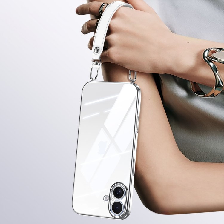 SULADA  Electroplated Clear TPU Soft Frame Phone Case with Wrist Strap, For iPhone 16 Plus…