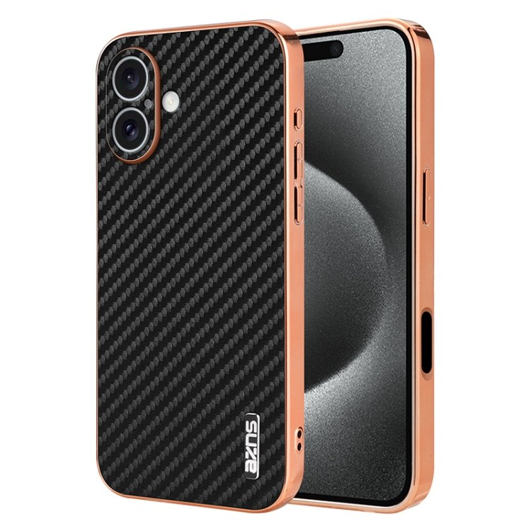 AZNS Electroplated Edge Carbon Fiber Texture Phone Case, For iPhone 16 Plus, For iPhone 16…